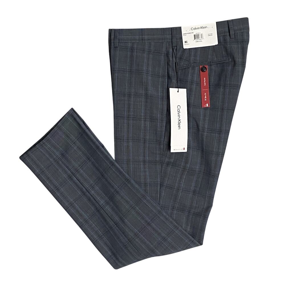 Calvin Klein Pants Men's 33x32 Suit Pant Slim Fit Stretch Gray & Blue Plaid NEW